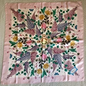 Classic Gucci 80’s Vintage Silk Scarf w Lilacs and Roses Design by V. Accornero